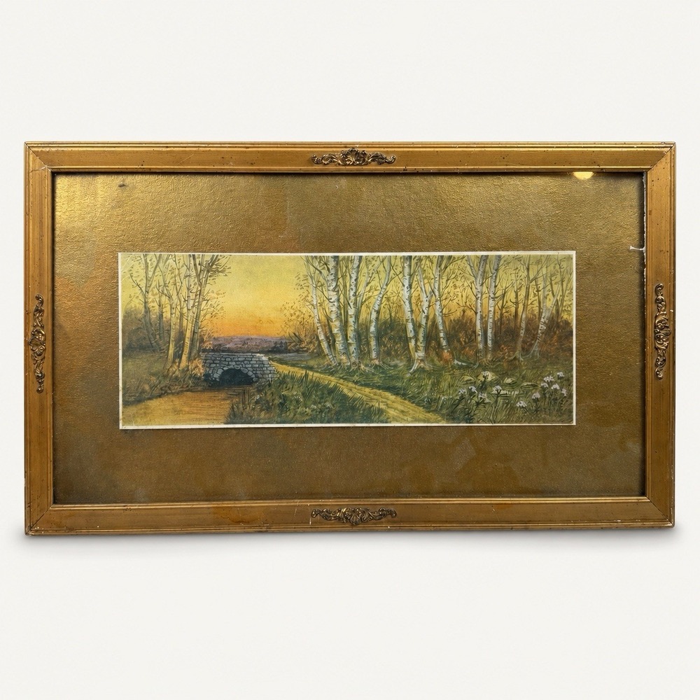 Antique c1910 Addison E Avery Landscape Lithograph Bridge Gold Frame 21.5"